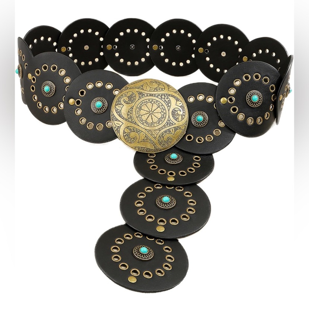 Black Vegan Leather Belt with Gold & Turquoise Accents